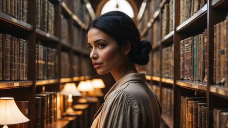 Profile of an elegant young woman standing in a historic library with towering bookshelves, lost in thought.の素材