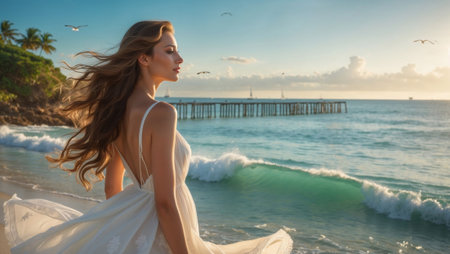 A graceful woman in a flowing white dress stands on a tropical beach at sunset, with her hair blowing in the wind and waves lapping at the shore.の素材