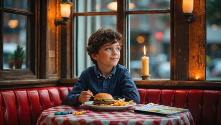 A joyful young boy sits in a cozy restaurant booth with a checkered tablecloth, enjoying a hamburger and fries while looking out a window.の素材