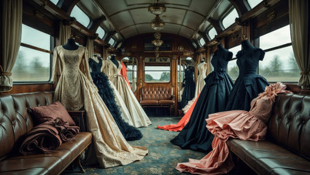 A unique fashion show on a vintage train, showcasing a collection of elegant gowns on mannequins, blending classic travel with modern haute couture.の素材