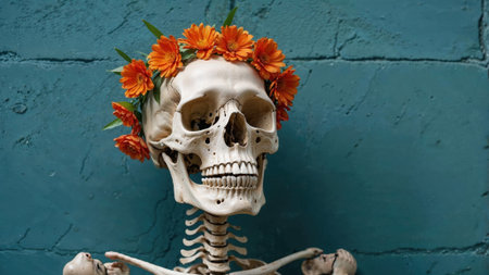 A skull and skeleton model adorned with a vibrant crown of orange flowers, representing a celebration of life and death, inspired by Dia de los Muertos.の素材
