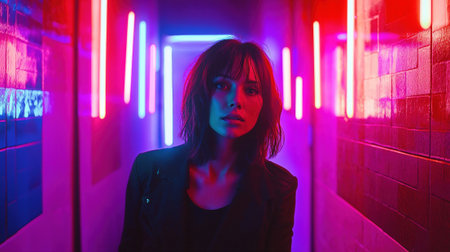 A mysterious woman stands in a narrow, futuristic corridor illuminated by vibrant neon lights, creating a moody, cyberpunk aesthetic with a cool and edgy vibe.の素材