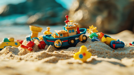A fun, colorful collection of plastic toy boats and other objects scattered on a sandy beach, evoking childhood memories and summertime fun by the sea.の素材