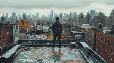 A man stands alone on a graffiti-covered rooftop, looking out at a sprawling, foggy cityscape, symbolizing contemplation, urban decay, and limitless potential.の素材