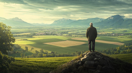 A senior man stands on a hill, overlooking a breathtaking valley with green fields and distant mountains, symbolizing freedom, reflection, and a life well-lived.の素材