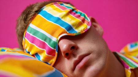 A close-up of a person sleeping soundly, wearing a colorful striped sleep mask and resting their head on a matching pillow.の素材