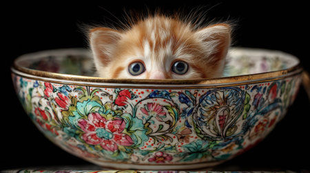A fluffy orange kitten with wide, blue eyes peers over the edge of a beautifully ornate and colorful floral teacup, creating an adorable and whimsical scene.の素材