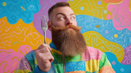 A quirky man with a large, bushy beard and mustache holds a fork, looking up with a strange expression against a colorful, abstract background.の素材