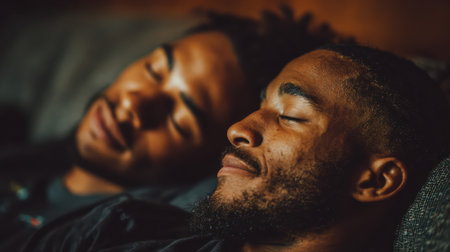 Two happy African-American men sleep peacefully side-by-side, sharing a moment of intimacy, friendship, and deep relaxation.の素材