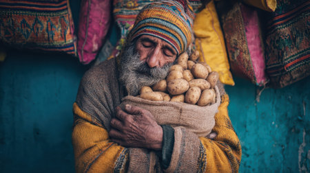 A wise, elderly man with a long beard and beanie holds a sack of potatoes with a look of peaceful comfort and warmth.の素材