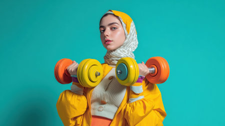 A strong and stylish Muslim woman in a yellow jacket and hijab works out with colorful dumbbells, representing a unique blend of fitness and fashion.の素材