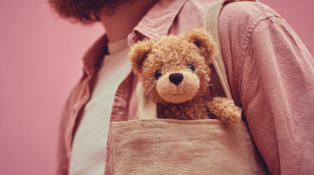 A small, cute teddy bear peeks out of a tote bag worn by a person in a pink shirt, creating a sweet and whimsical image.の素材