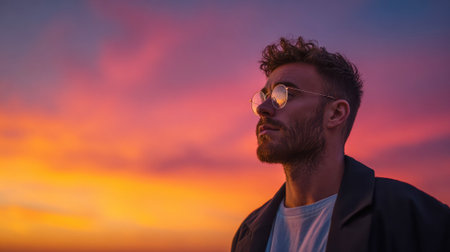 A stylish man in round sunglasses and a casual jacket looks thoughtfully into the distance against a breathtaking, colorful sunset sky.の素材