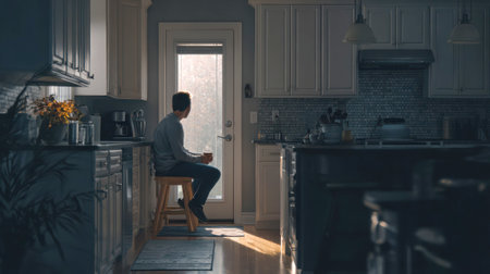 A lonely man sits on a stool in a dimly lit kitchen, holding a mug and looking out a sunlit window, lost in thought.の素材