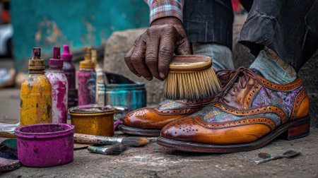 A skilled craftsman's weathered hands polish a pair of unique, stylish brogue shoes with a brush, surrounded by colorful paints and tools.の素材
