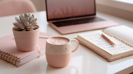 A stylish workspace with a pink laptop, notebooks, succulent, and a mug of coffee. A calm and elegant still life perfect for remote work and a cozy atmosphere.の素材