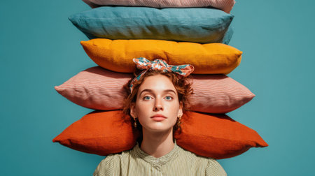A serious woman with a stack of colorful pillows on her head, looking directly at the camera. A surreal and stylish portrait about rest, comfort, and balance.の素材