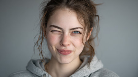 A beautiful young woman winks and smiles playfully at the camera. A friendly, casual portrait conveying a sense of humor and approachability.の素材