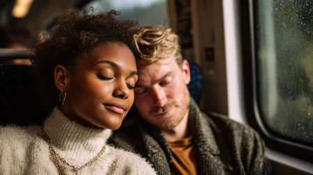beautiful biracial couple sleeping peacefully on a train ride, resting their heads on each other's shoulders.の素材
