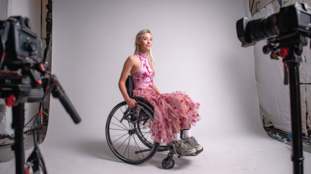confident young woman in a wheelchair poses elegantly in a studio, surrounded by camera equipment.の素材