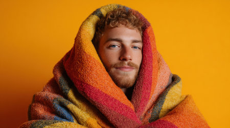 Warm young man wrapped in a colorful blanket, looking calmly at the camera with a subtle smile against a bright orange background.の素材