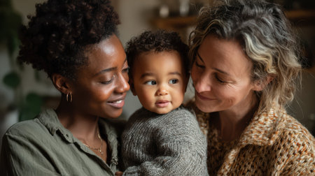 A joyful and diverse couple smiles lovingly at their baby, their tender expressions capturing the warmth of family, the beauty of a modern home, and the unconditional love of parenthood.の素材