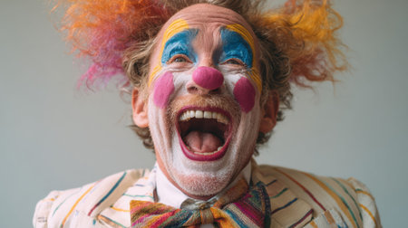 close-up portrait of a cheerful man in clown makeup with an open mouth, laughing with great joy.の素材