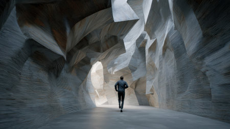 Solitary man walks through a futuristic, brutalist architectural tunnel with abstract, geometric, and textured concrete walls, creating an intense, dramatic atmosphere.の素材