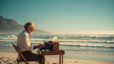 elderly writer sits at a small desk on a serene beach, diligently typing on a vintage typewriter with the ocean and mountains in the background.の素材