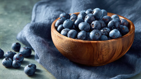 A bowl of fresh, ripe blueberries sits on a gray cloth, creating a rustic and healthy food theme.の素材