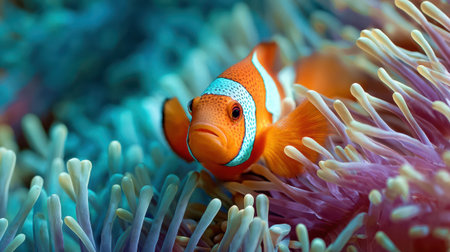 A close-up of a vibrant clownfish hiding in a colorful anemone, a perfect representation of coral reef life and symbiosis.の素材