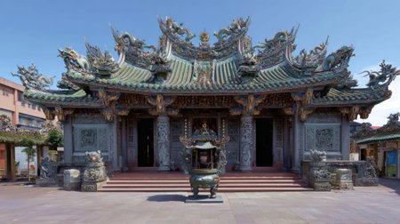 A beautiful and intricate temple with an ornate green roof and dragon statues sits on a plaza under a bright blue sky.の素材