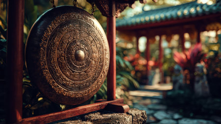 An ornate bronze gong with intricate circular patterns hangs in a traditional Asian garden, capturing a moment of peace and tranquility.の素材