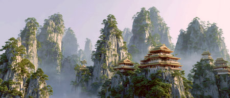 A series of traditional, multi-level temples with red roofs are built high on the peaks of majestic, mist-covered mountains.の素材
