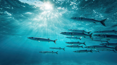 A school of sleek barracuda swims through crystal-clear blue water, illuminated by sunbeams from the surface, creating a stunning representation of marine life and underwater beauty.の素材