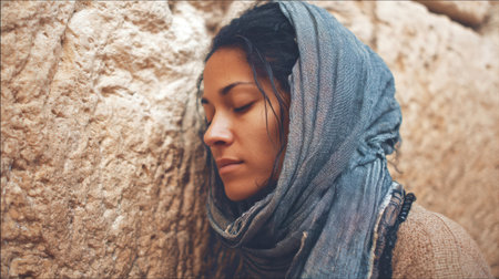 A beautiful shot of an old woman, with her head bowed and eyes closed in prayer, against a rough, weathered stone wall.の素材