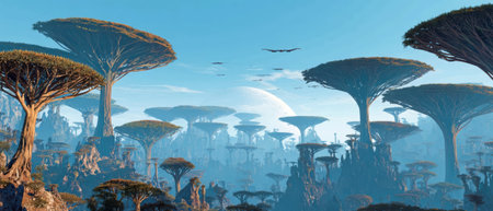 An otherworldly sci-fi landscape with colossal, mushroom-like trees and flying creatures, set against a foggy backdrop with a large planet in the sky.の素材