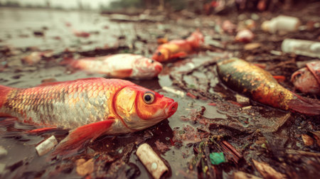 Dead fish float in a polluted, murky river filled with trash, bottles, and other garbage, symbolizing environmental disaster.の素材