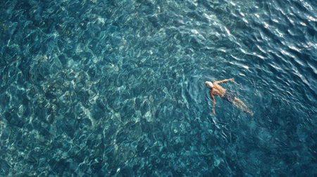 A solo swimmer glides peacefully through the crystalline turquoise water of a tropical ocean or sea.の素材