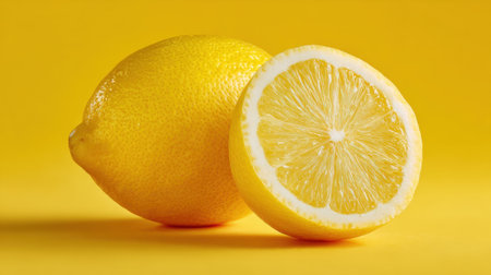 A bright, juicy yellow lemon, perfectly sliced in half, sits on a vibrant yellow background.の素材