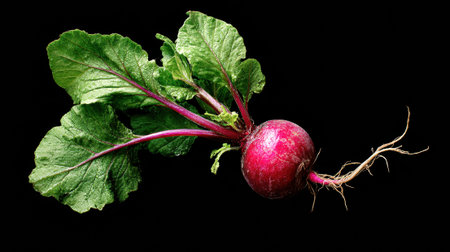 A single, whole red beet with vibrant green leaves and roots on a striking black background.の素材