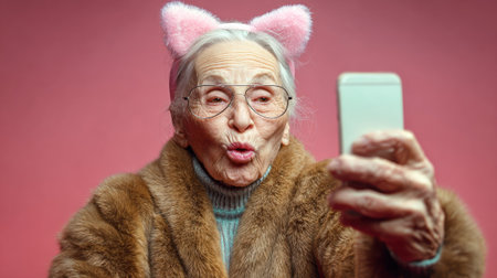 A playful senior woman in a fur coat with pink cat ears holds a smartphone, taking a selfie with a kissy face.の素材