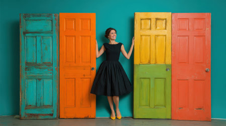 A happy woman standing between five multicolored doors, representing choice and opportunity.の素材