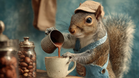 Adorable squirrel dressed as a barista in denim overalls and cap, pouring hot chocolate into a mug in a whimsical cafの素材