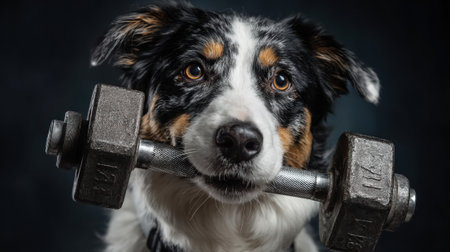 strong dog holding a heavy dumbbell in its mouth, ready for a workout.の素材
