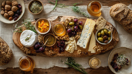 delicious cheese board on a rustic wooden table with various cheeses, olives, grapes, nuts, honey, and bread.の素材