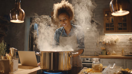 Cheerful black woman in her kitchen, using a laptop while cooking a pot of boiling water on the stove.の素材
