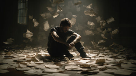 Melancholic writer sits amidst floating and scattered papers, expressing despair, loss, and creative block in a dark, atmospheric room.の素材