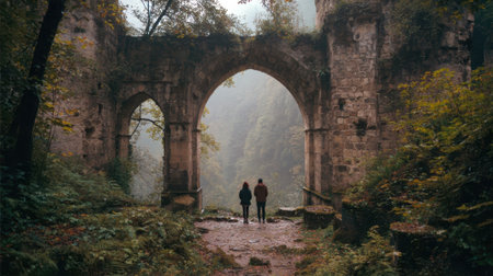 Couple in rain jackets standing under an ancient stone archway in a misty, overgrown forest, looking out at the foggy valley.の素材