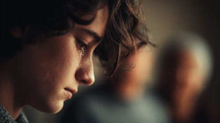 Emotional teenager crying with a single tear rolling down his cheek, with a blurred adult figure in the background.の素材